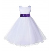 White Tulle Rattail Edge Purple Sequin Sash Flower Girl Dress 829mh