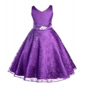 Purple Floral Lace Overlay V-Neck Rhinestone Flower Girl Dress 166S