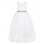 White / Champagne Scalloped V-Back Lace A-Line Flower Girl Dress 207R2