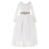 Ivory / Blush Pink A-Line V-Back Lace Flower Girl Dress with Sleeves 290R