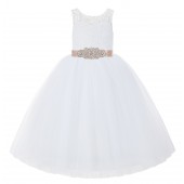 White / Blush Pink V-Back Lace Flower Girl Dress Lace Tutu Dress 212R3