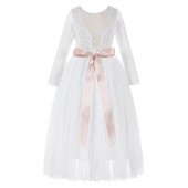 White / Blush Pink A-Line V-Back Lace Flower Girl Dress with Sleeves 290R
