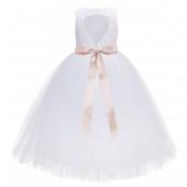 R3 White / Blush Pink Floral Lace Heart Cutout Flower Girl Dress 172R3