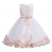 White / Blush Pink Floral Lace Heart Cutout Flower Girl Dress with Petals 185
