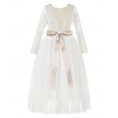 Ivory / Champagne A-Line V-Back Lace Flower Girl Dress with Sleeves 290R