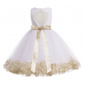 White / Champagne Floral Lace Heart Cutout Flower Girl Dress with Petals 185