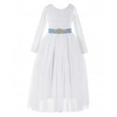 White / Dusty Blue A-Line V-Back Lace Flower Girl Dress with Sleeves 290R