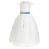 Ivory / Dusty Blue Cap Sleeves Lace Flower Girl Dress V-Back Lace Dress 622R3