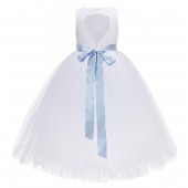 R3 White / Dusty Blue Floral Lace Heart Cutout Flower Girl Dress 172R3