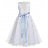 White / Dusty Blue V-Back Lace Edge Flower Girl Dress 183