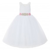 White / Mauve V-Back Lace Flower Girl Dress Lace Tutu Dress 212R3