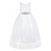 White Scalloped V-Back Lace A-Line Flower Girl Dress 207R3
