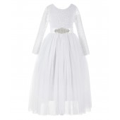 White  A-Line V-Back Lace Flower Girl Dress with Sleeves 290R