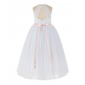 White / Blush Pink Lace Halter Flower Girl Dress Lace Back Dress 213