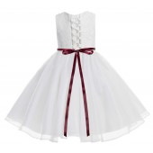 White / Burgundy Lace Organza Flower Girl Dress 186R2