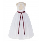 White / Burgundy Lace Halter Flower Girl Dress Lace Back Dress 213