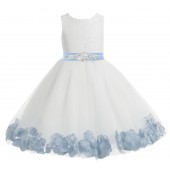 White / Dusty Blue Floral Lace Heart Cutout Flower Girl Dress with Petals 185