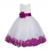 White / Raspberry Floral Lace Heart Cutout Flower Girl Dress with Petals 185T