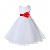 White/Red Tulle Rattail Edge Flower Girl Dress Wedding Bridal 829S