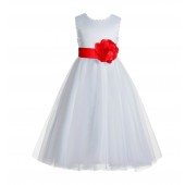 White / Red V-Back Lace Edge Flower Girl Dress 183T