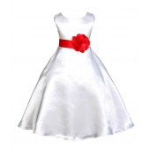 White/Red A-Line Satin Flower Girl Dress Wedding Bridal 821T