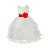 Ivory/Red Satin Shimmering Organza Flower Girl Dress Wedding 4613T