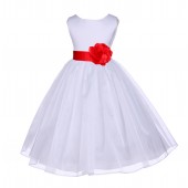 White/Red Satin Bodice Organza Skirt Flower Girl Dress 841T