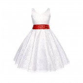 White Floral Lace Overlay V-Neck Red Sequin Flower Girl Dress 166mh