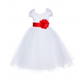 White/Red V-shaped Neckline Short Sleeves Tulle Flower Girl Dress 154S
