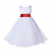 White Tulle Rattail Edge Red Sequin Sash Flower Girl Dress 829mh