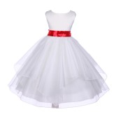 White Satin Organza Red Sequin Sash Flower Girl Dress J012mh
