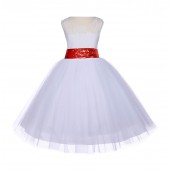 White Floral Lace Bodice Tulle Red Sequin Flower Girl Dress 153mh