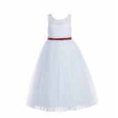 White / Red Lace Tulle Scoop Neck Keyhole Back A-Line Flower Girl Dress 178