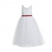 Ivory / Red Lace Tulle Scoop Neck Keyhole Back A-Line Flower Girl Dress 178