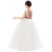 Rose / White Sparkle Sequin One Shoulder Flower Girl Dress Seq2