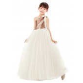 Rose / Ivory Sparkle Sequin One Shoulder Flower Girl Dress Seq2