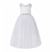 White / Rose Gold A-Line Tulle Lace Flower Girl Dress 178R4