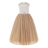 Rose Gold / White Lace Halter Flower Girl Dress Lace Back Dress 213