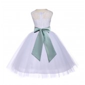 White/Sage Floral Lace Bodice Tulle Flower Girl Dress Wedding 153S