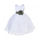 White/Sage Satin Shimmering Organza Flower Girl Dress Wedding 4613T