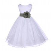 White/Sage Satin Bodice Organza Skirt Flower Girl Dress 841S