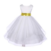 White Satin Organza Sunbeam Sequin Sash Flower Girl Dress J012mh