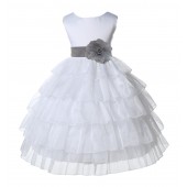 White/Silver Satin Shimmering Organza Flower Girl Dress Pageant 308T