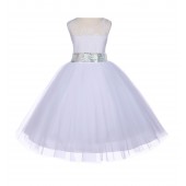 White Floral Lace Bodice Tulle Silver Sequin Flower Girl Dress 153mh