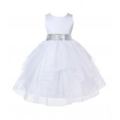 White Shimmering Organza Silver Sequin Sash Flower Girl Dress 4613mh