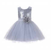 Silver Dazzling Sequins Mesh Tulle Flower Girl Dress Elegant 124NF