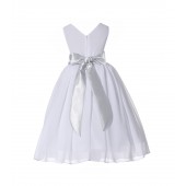 White/Silver V-Neck Yoryu Chiffon Flower Girl Dress Wedding 503NF
