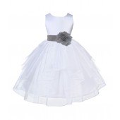 White/Silver Satin Shimmering Organza Flower Girl Dress Wedding 4613T