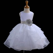 White/Silver Satin Shimmering Organza Flower Girl Dress Wedding 4613S