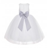 White / Silver Floral Lace Flower Girl Dress White Ball Gown Lg7